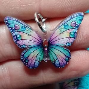 Cute colorful purple aqua yellow butterfly wire dangle earrings